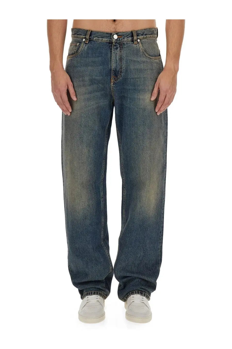 ETRO mens washed blue denim jeans, relaxed wide-leg with faded distressing
