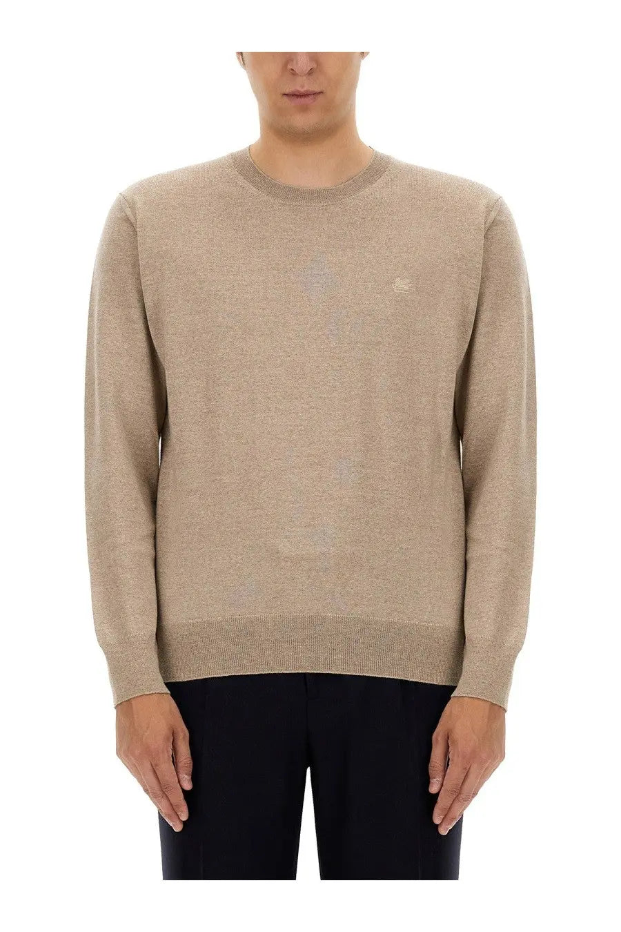 Etro men’s jersey beige crewneck sweater with subtle textured knit and small embroidered logo on left chest