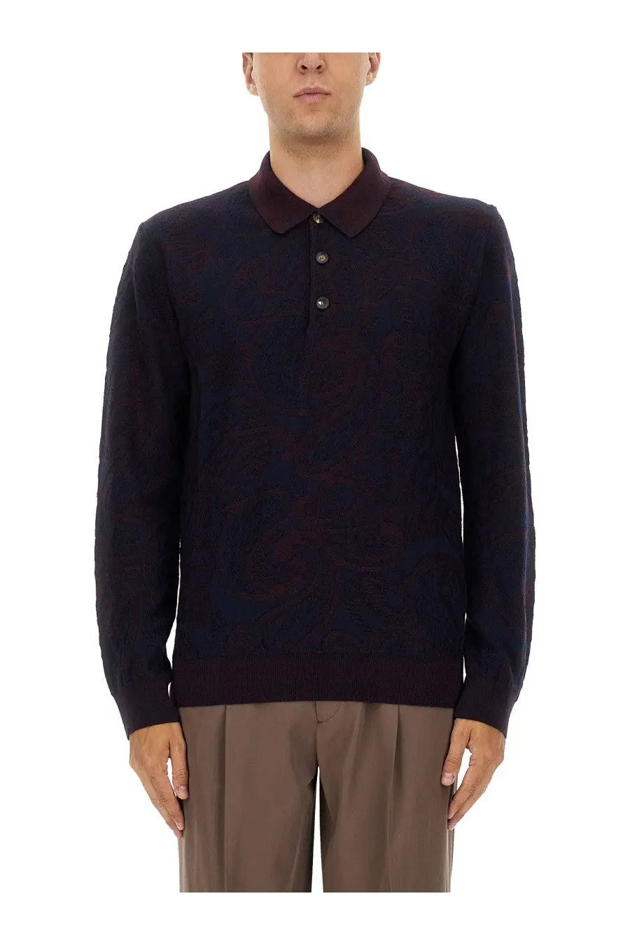 Etro mens long-sleeved dark navy knit polo with maroon collar