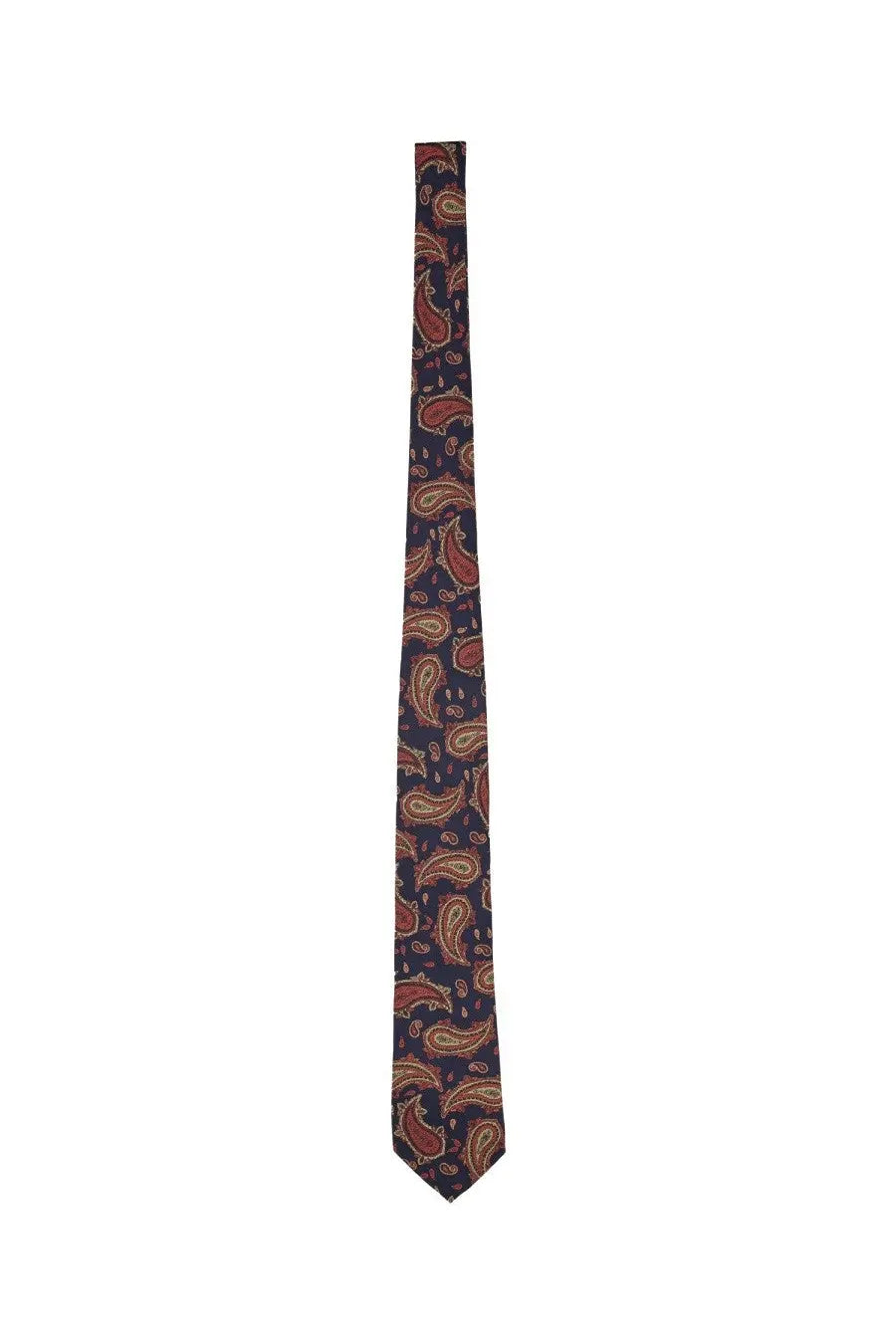 Etro mens paisley jacquard silk tie in navy blue with burgundy gold pattern
