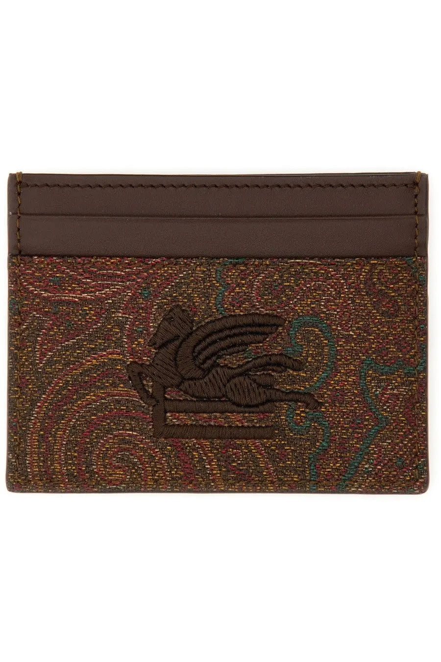 Etro men’s brown paisley print card holder with textured multicolored pattern and embroidered winged creature emblem