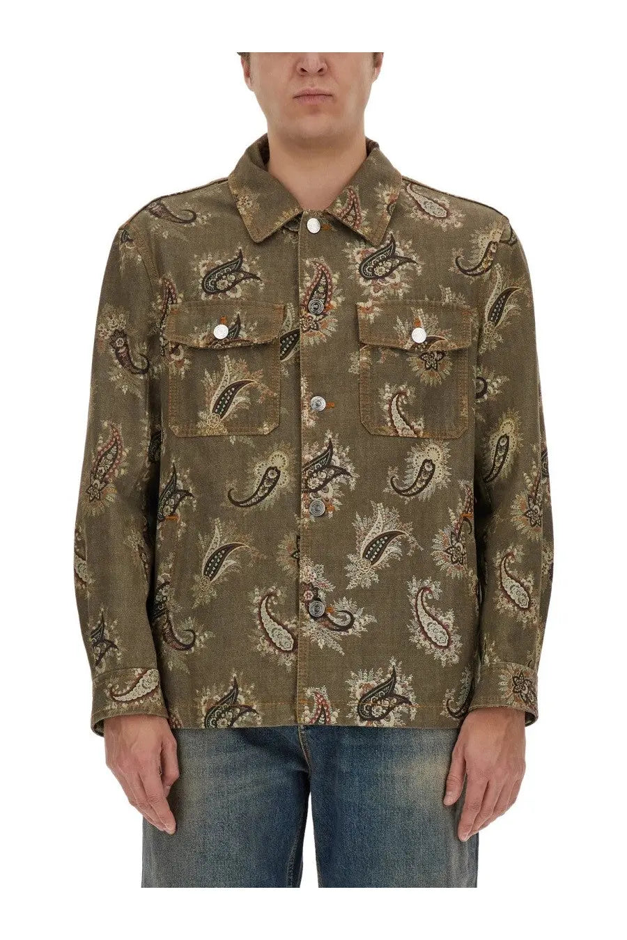 ETRO mens paisley print olive green button-up shirt with chest pockets