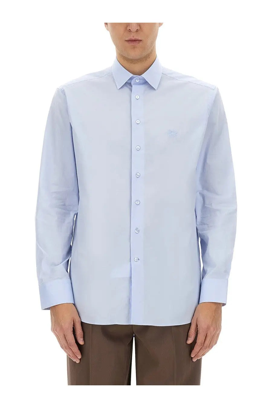 Etro men’s pegasus light blue long-sleeved button-down shirt with subtle embroidered logo on left chest
