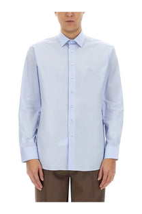 Etro men’s pegasus light blue long-sleeved button-down shirt with subtle embroidered logo on left chest