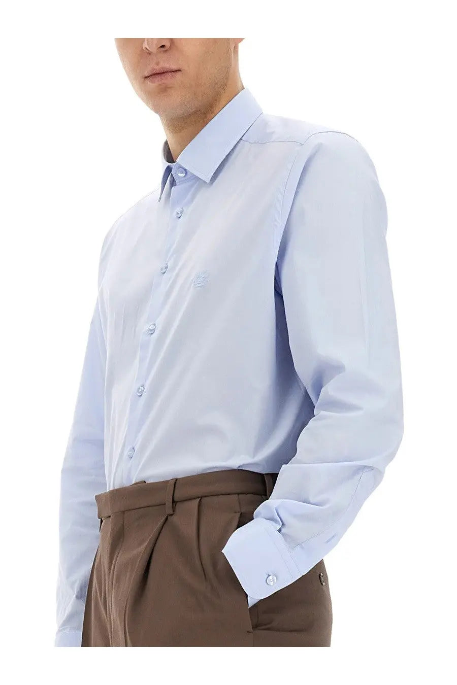 Etro men’s pegasus light blue long sleeved dress shirt with subtle embroidered logo on left chest