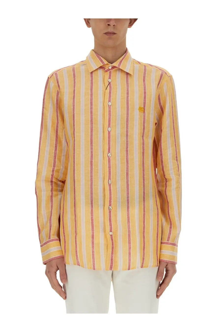 Etro men’s pegasus shirt multicolor yellow and pink striped long-sleeve button-up with embroidered chest logo