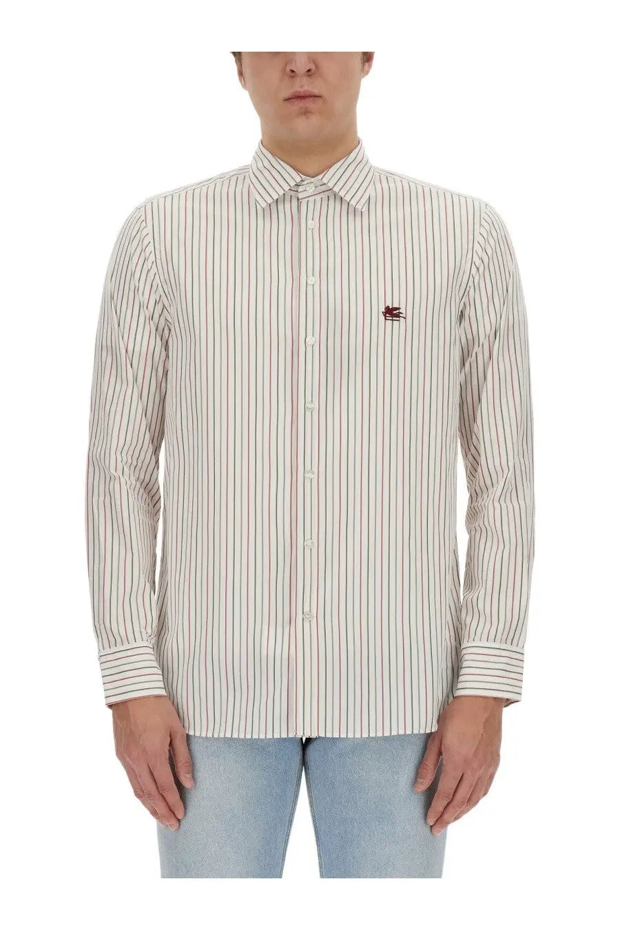 Etro men’s pegasus long-sleeved button-down shirt with cream black red vertical stripes and embroidered logo on left chest