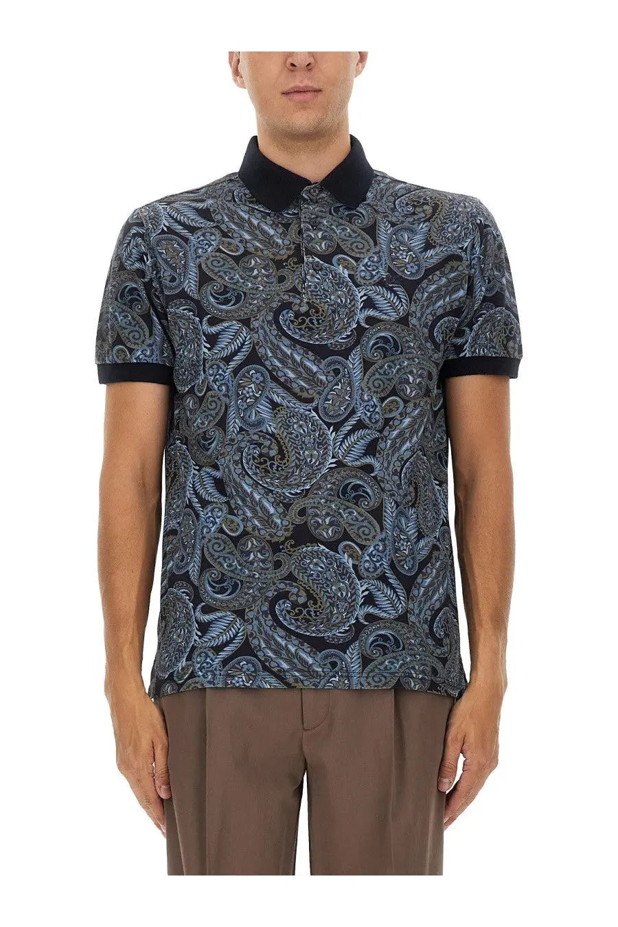 Etro mens blue polo shirt with silver gray paisley pattern black collar cuffs