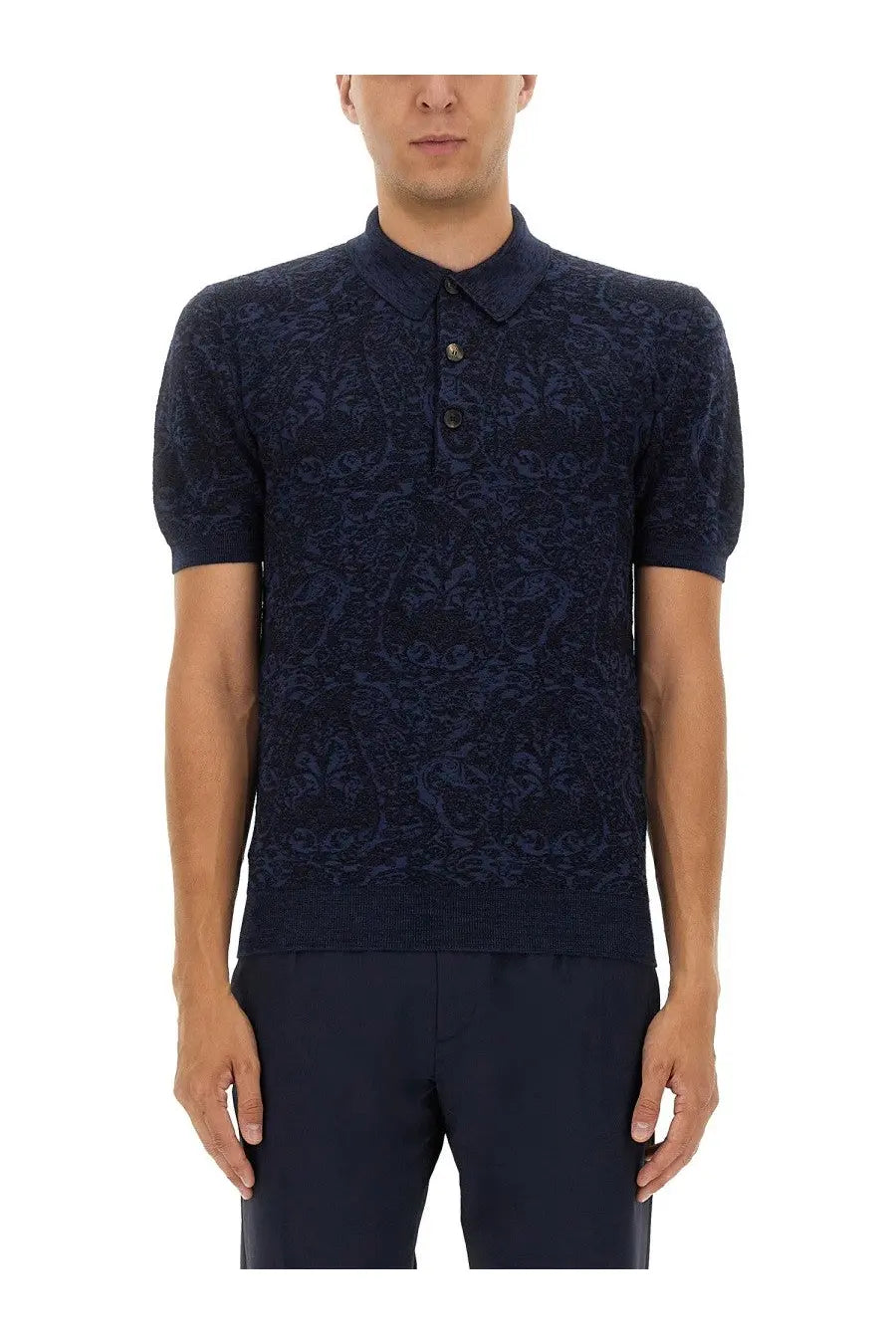 Etro men’s dark blue knitted polo shirt with an intricate paisley pattern and soft cotton fabric