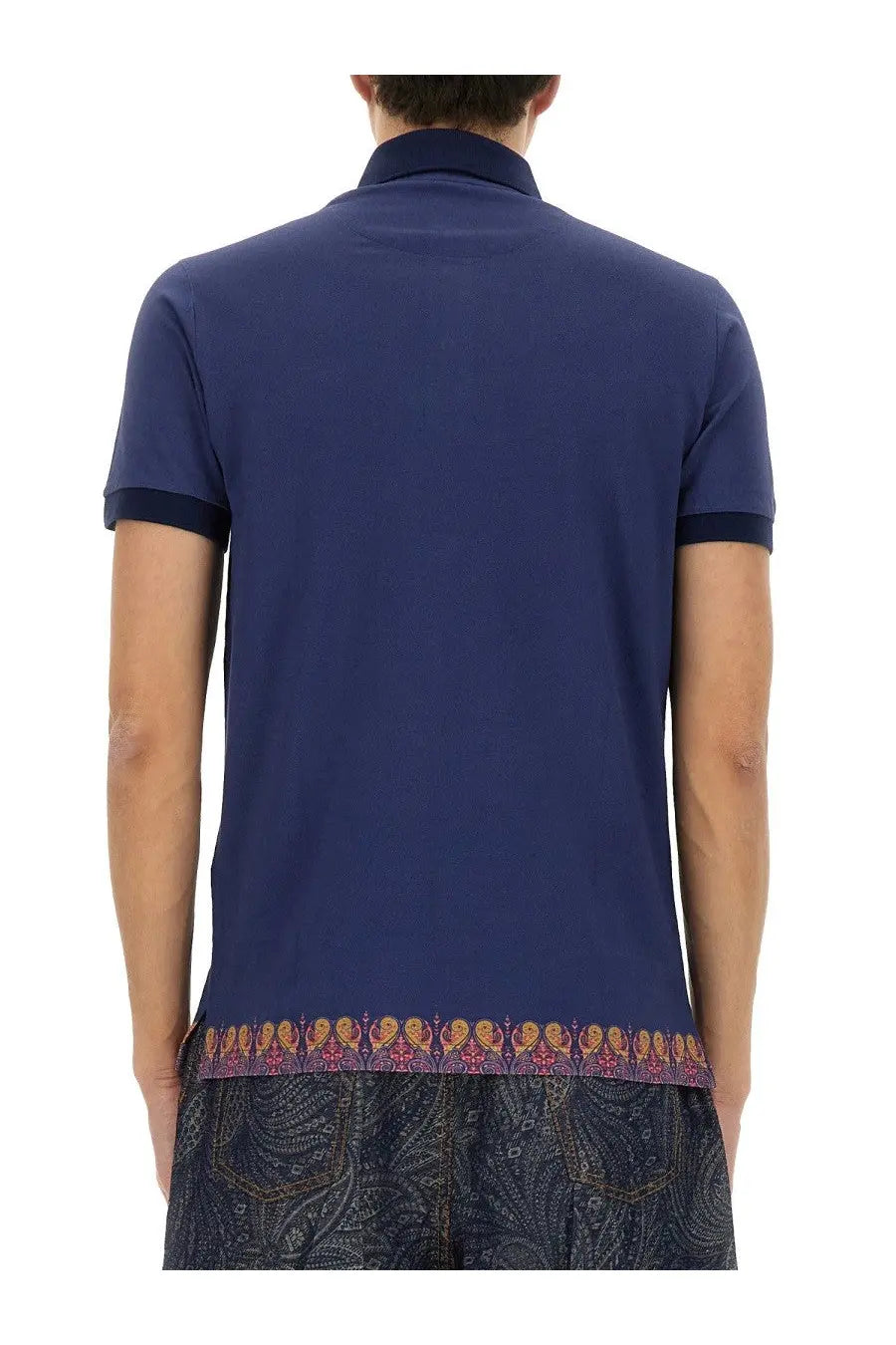 Etro men’s polo shirt blue with navy fabric and decorative orange and purple paisley patterned hem