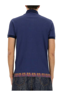Etro men’s polo shirt blue with navy fabric and decorative orange and purple paisley patterned hem