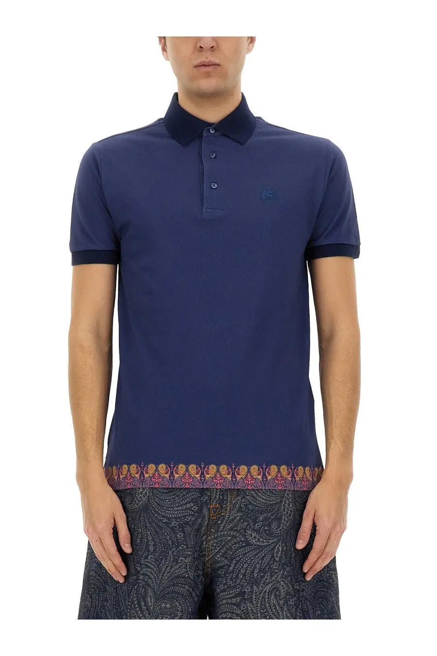Etro mens navy blue polo shirt with embroidered logo and patterned hem