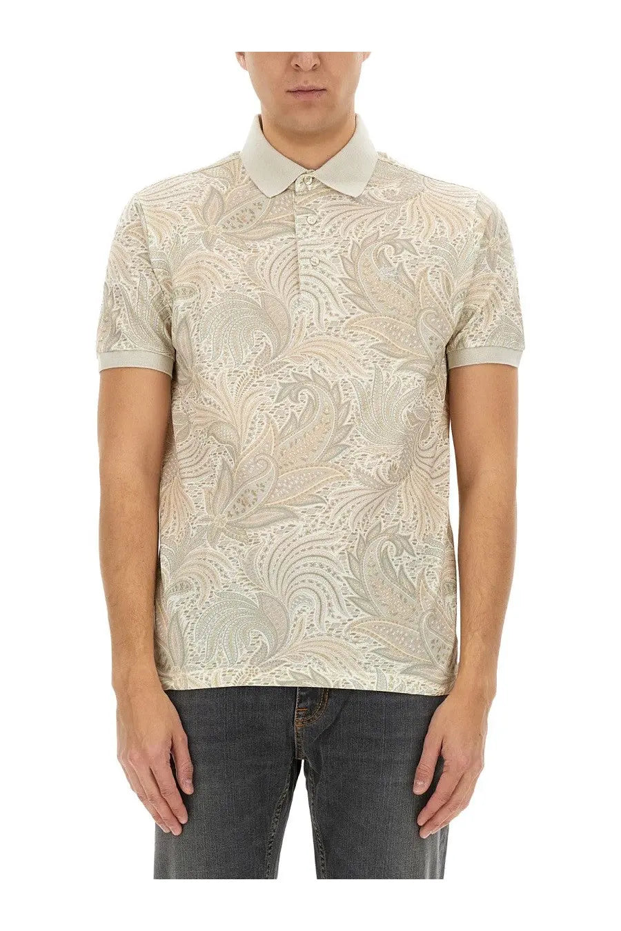 Etro mens white paisley polo shirt, beige short-sleeve with matching collar cuffs