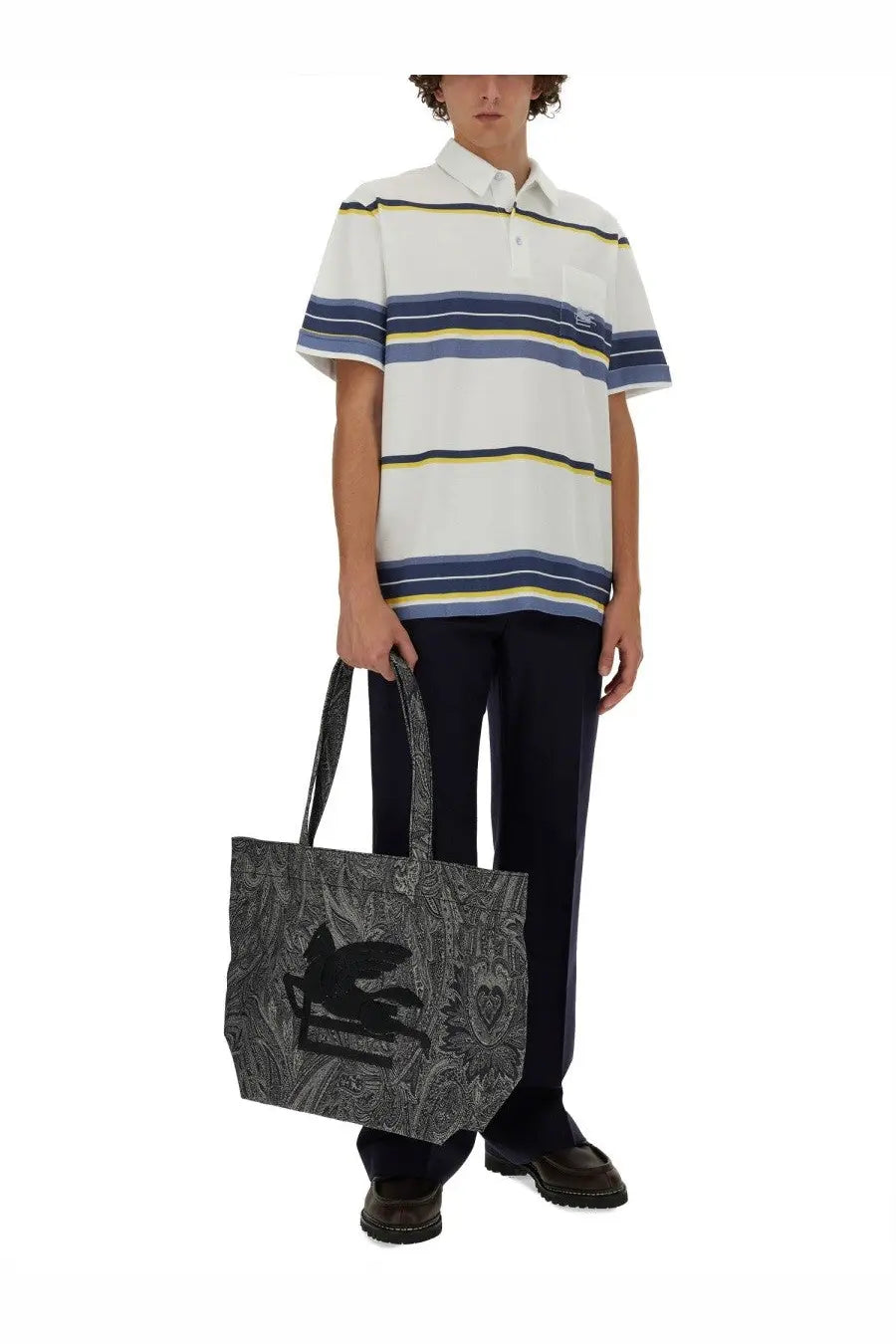 Etro white men’s polo shirt with black gray horse tote bag graphic