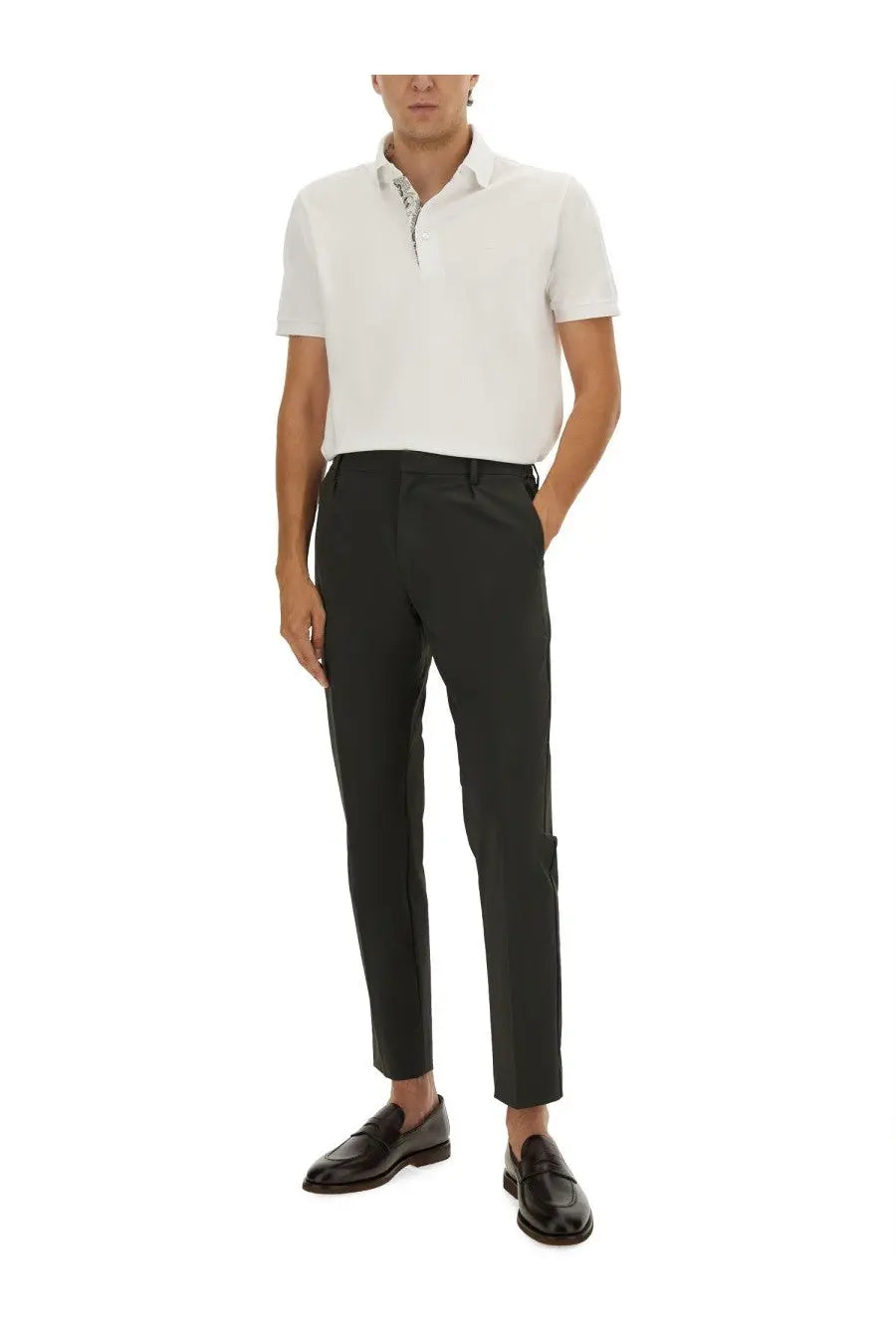 Black tailored trousers with a sleek modern cut and subtle side seam detailing paired with Etro men’s white polo shirt
