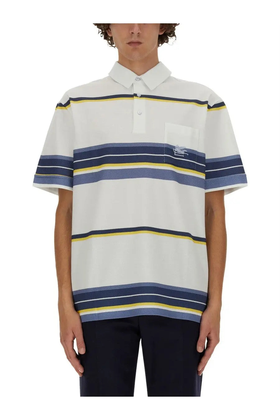 White Etro men’s polo shirt with navy blue yellow stripes and Lacoste logo pocket