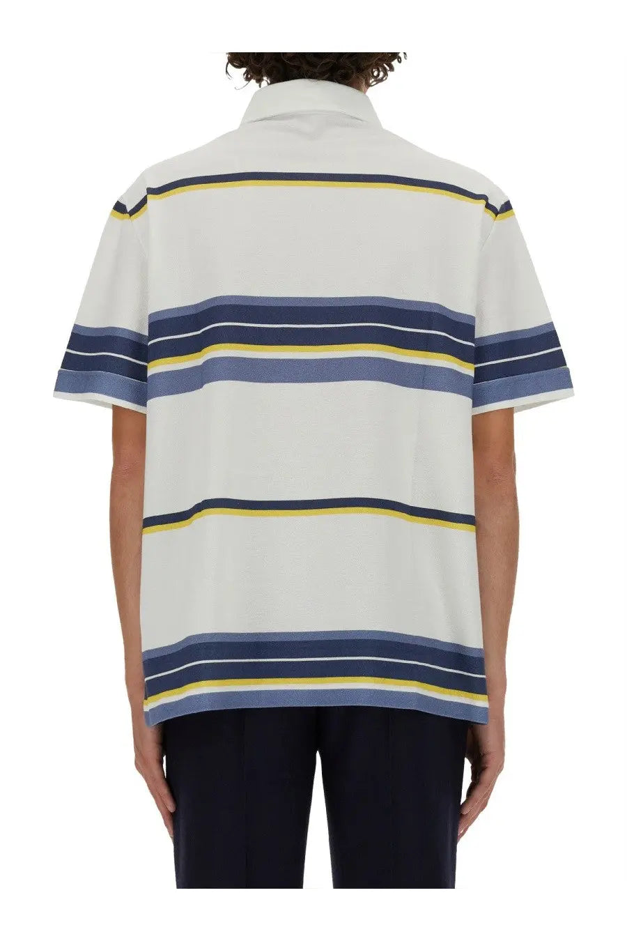 ETRO mens white polo shirt with navy blue and yellow horizontal stripes