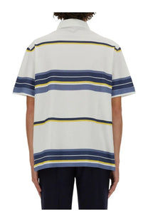 ETRO mens white polo shirt with navy blue and yellow horizontal stripes