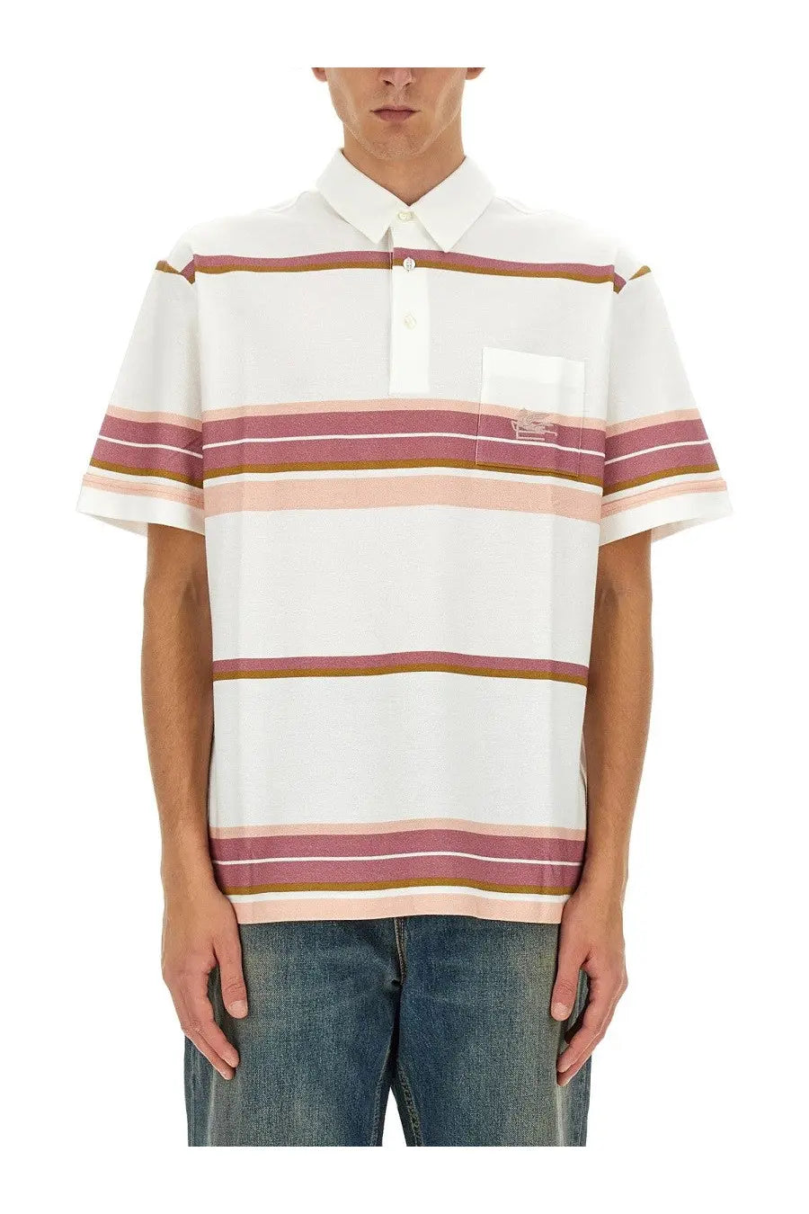 ETRO mens white polo shirt with pink, mauve and tan horizontal stripes