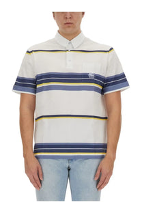 ETRO mens white polo shirt with navy yellow stripes and logo