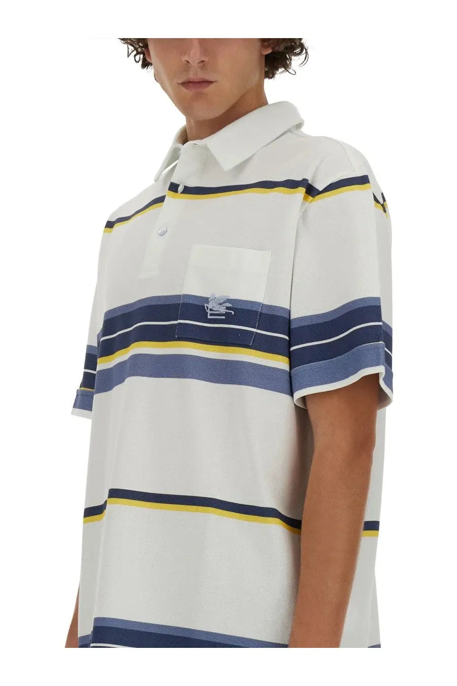 ETRO mens white polo shirt with navy yellow stripes and Lacoste logo