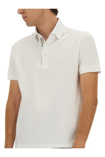 Etro men’s white polo shirt with short sleeves subtle textured fabric and contrasting patterned inner collar