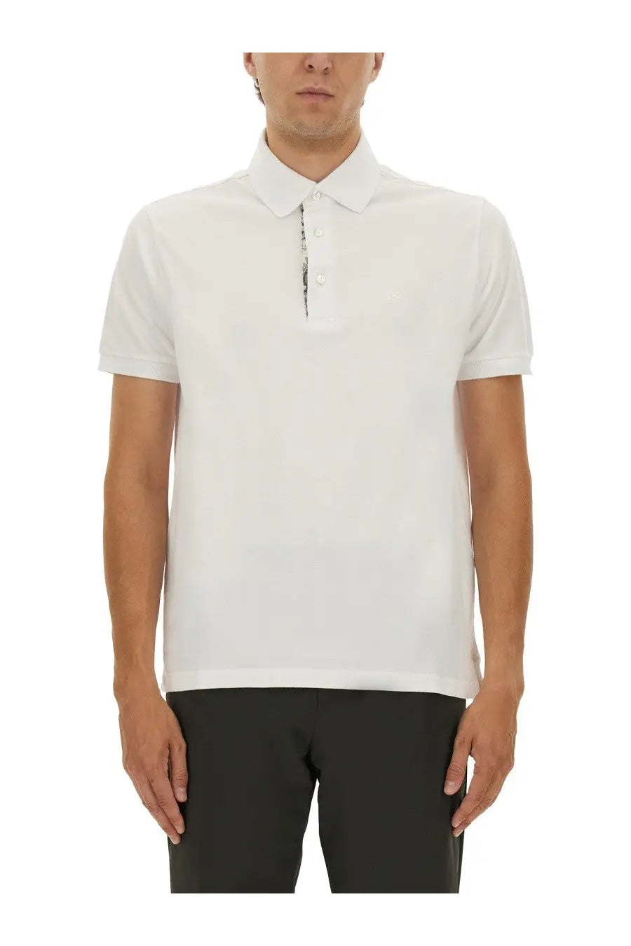 Etro men’s white polo shirt with short sleeves and subtle patterned placket in lightweight cotton
