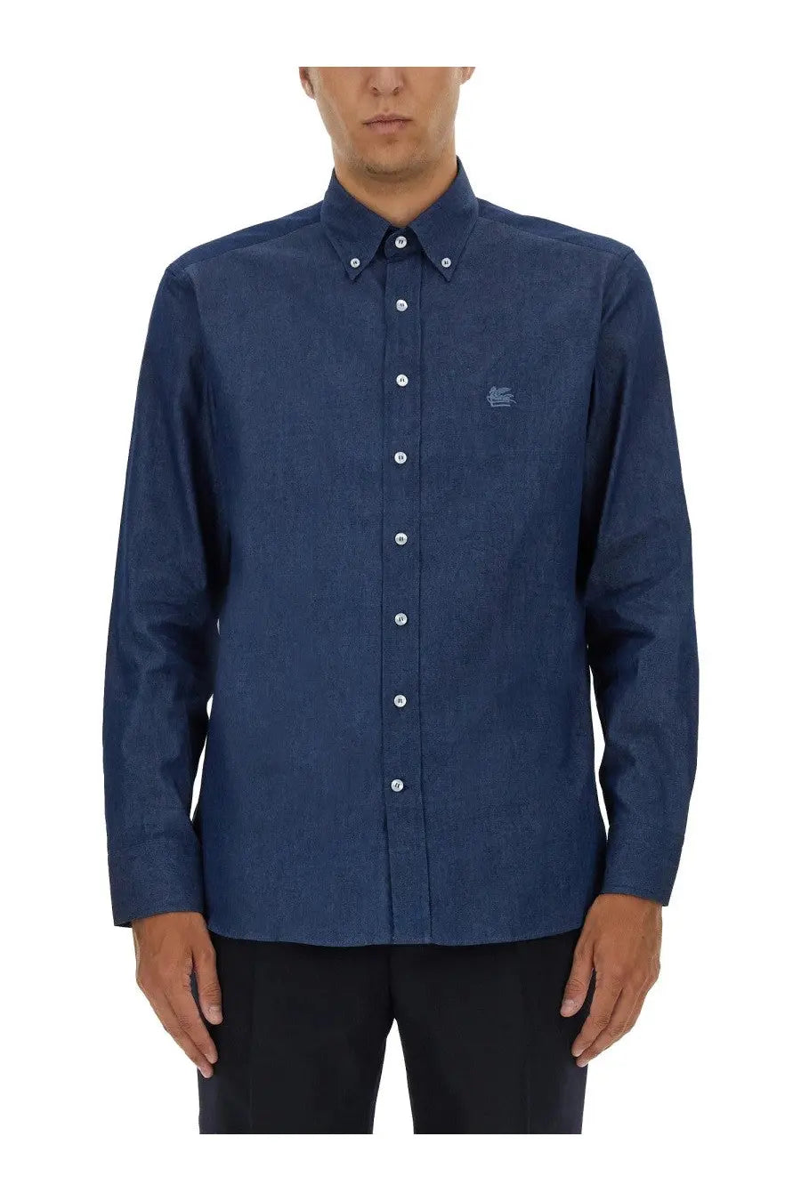 ETRO Mens Rome Blue shirt with textured weave, white buttons, embroidered logo