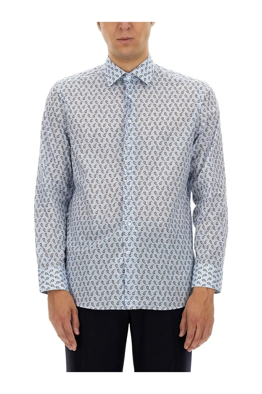 Etro men’s light blue long-sleeved button-down shirt with subtle dark blue paisley pattern Rome Blue