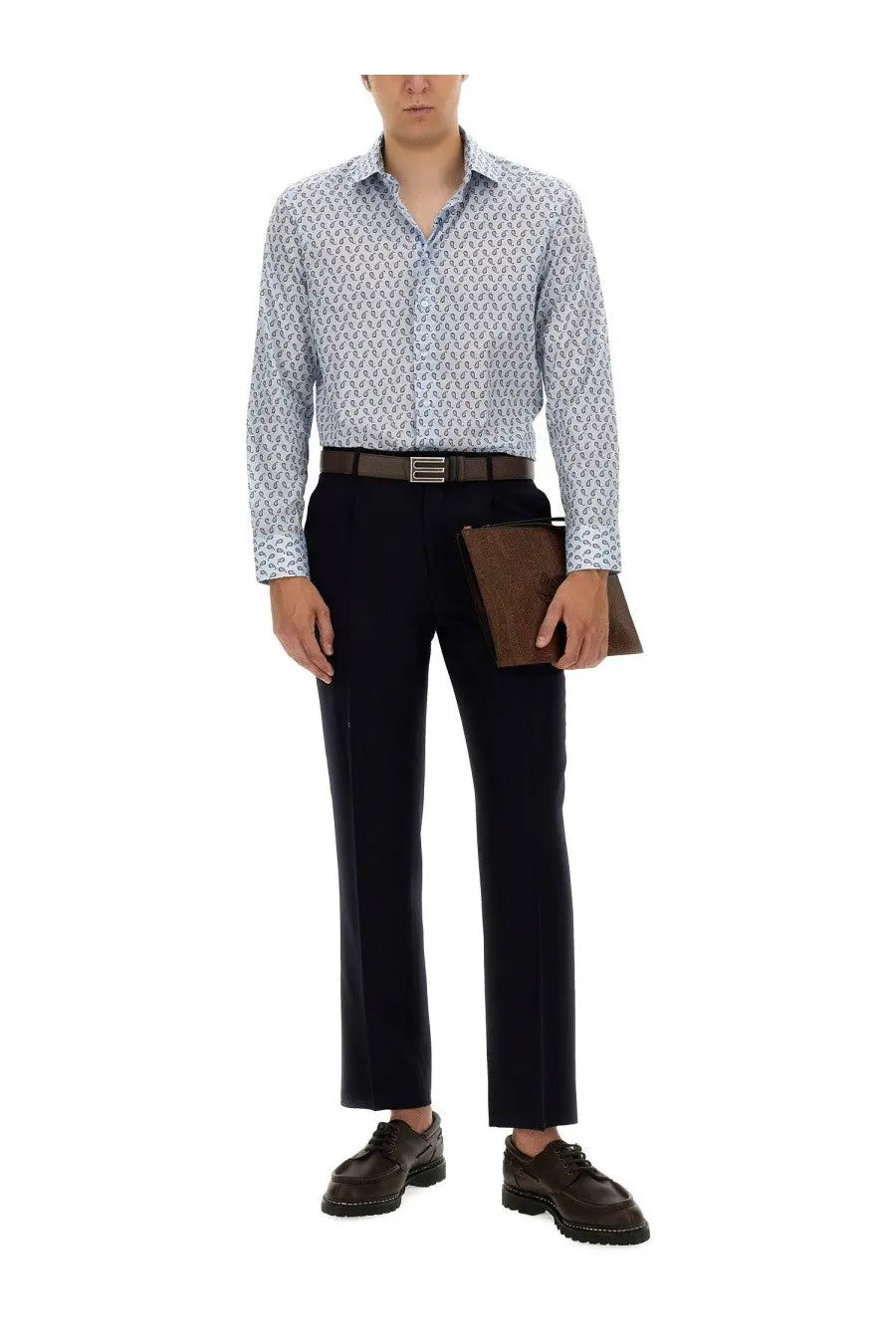 ETRO Mens Rome Blue shirt with navy trousers and brown shoes
