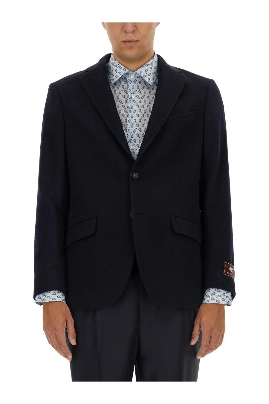 ETRO men’s single breasted blue jacket with single button blazer and paisley cuffs