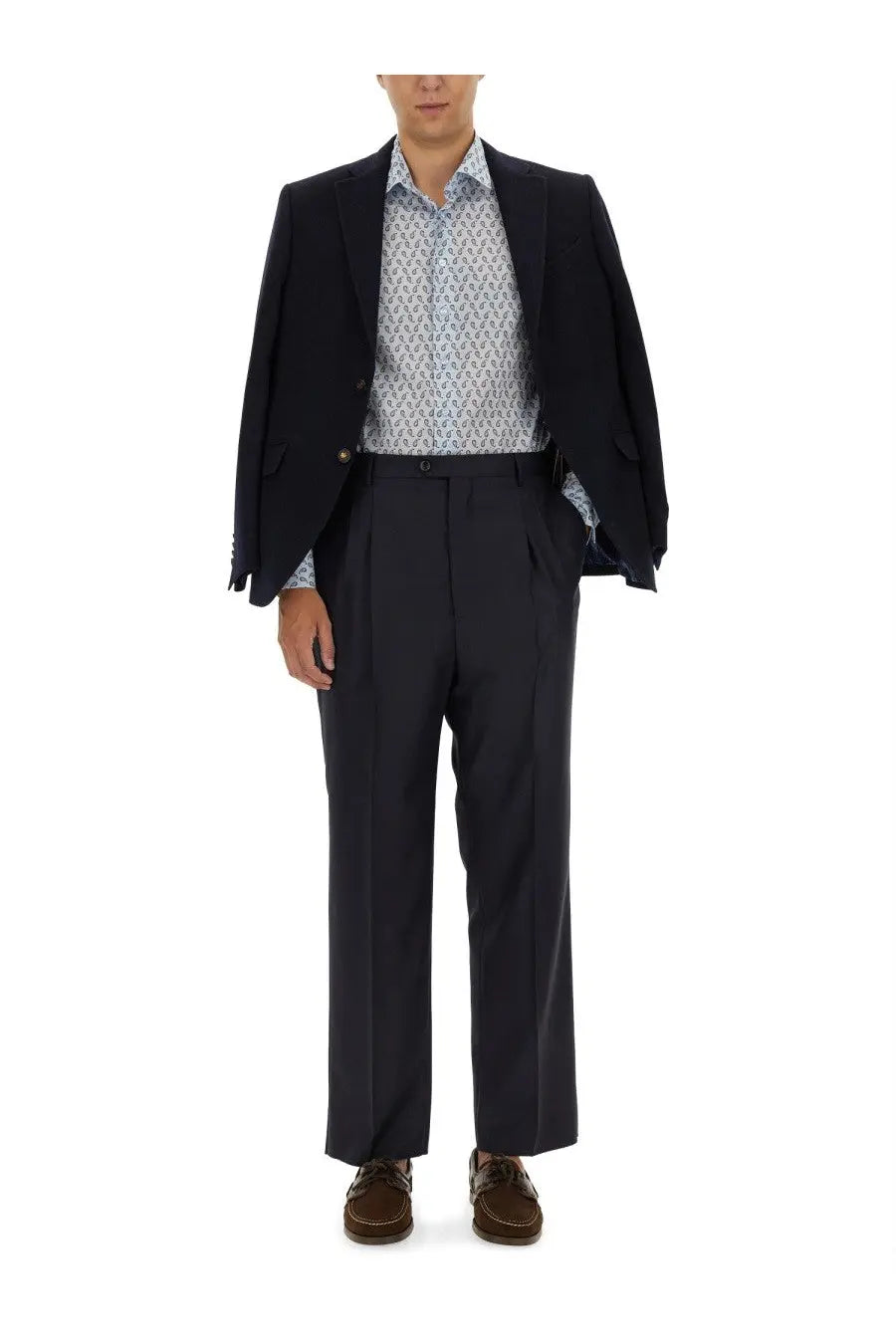 Dark navy wool suit featuring subtle patterned shirt paired with etro men’s wool blue pants front view