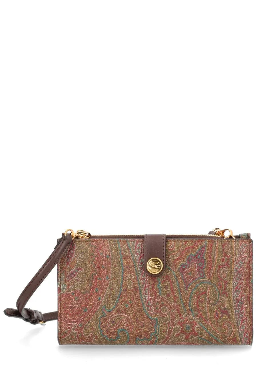 Etro women’s arnica shoulder wallet brown rectangular crossbody clutch with paisley fabric and leather straps