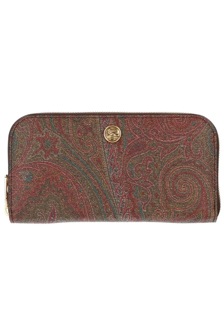 Etro women’s Arnica wallet brown with maroon and green paisley pattern and gold-tone logo button zipper closure