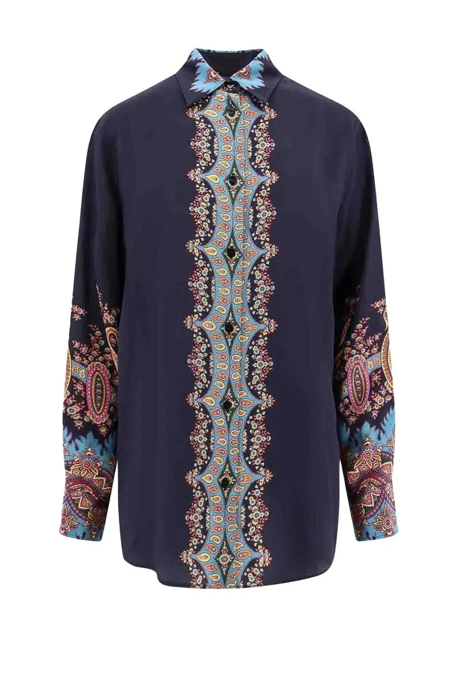 Etro women’s navy blue long-sleeved shirt with intricate teal burgundy and gold paisley pattern on placket sleeves and collar