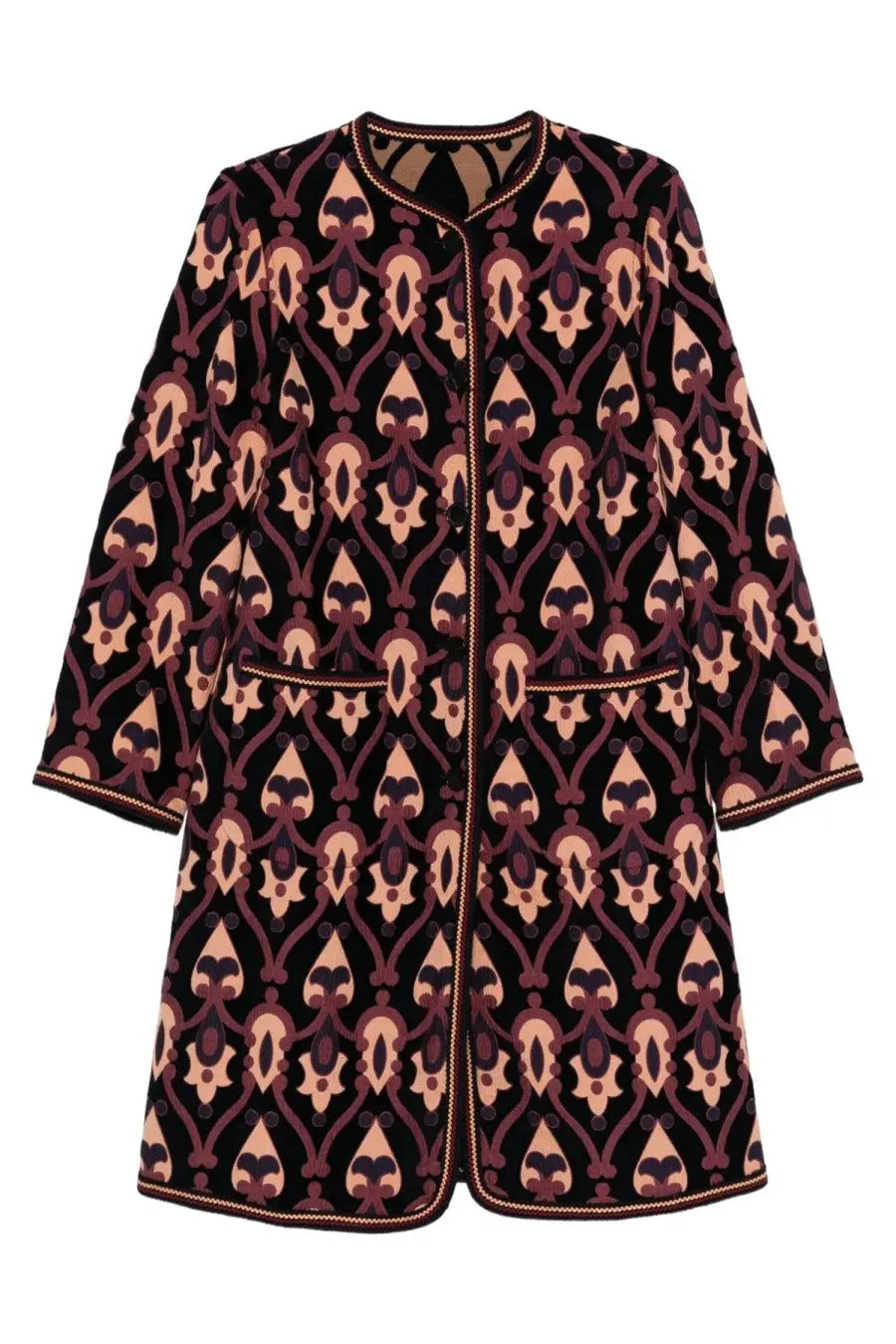Etro women’s cappotto reversibile multicolor black quilted coat with mauve beige pattern and gold-toned stitching edges