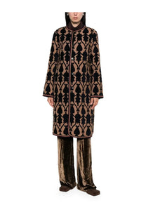 Etro women’s cappotto reversibile multicolor long camel coat with bold black spade pattern and velvet trim