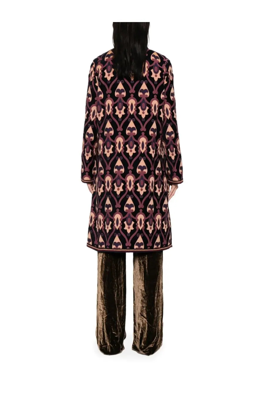 Etro women’s long dark purple reversible coat with muted pink and gold geometric pattern for stylish layering