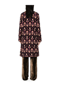 Etro women’s long dark purple reversible coat with muted pink and gold geometric pattern for stylish layering