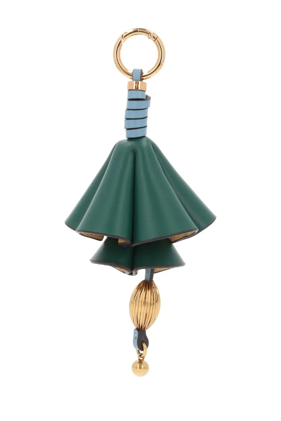 Etro women’s charm green leather umbrella-shaped keychain with gold-tone metal accents and dangling bell