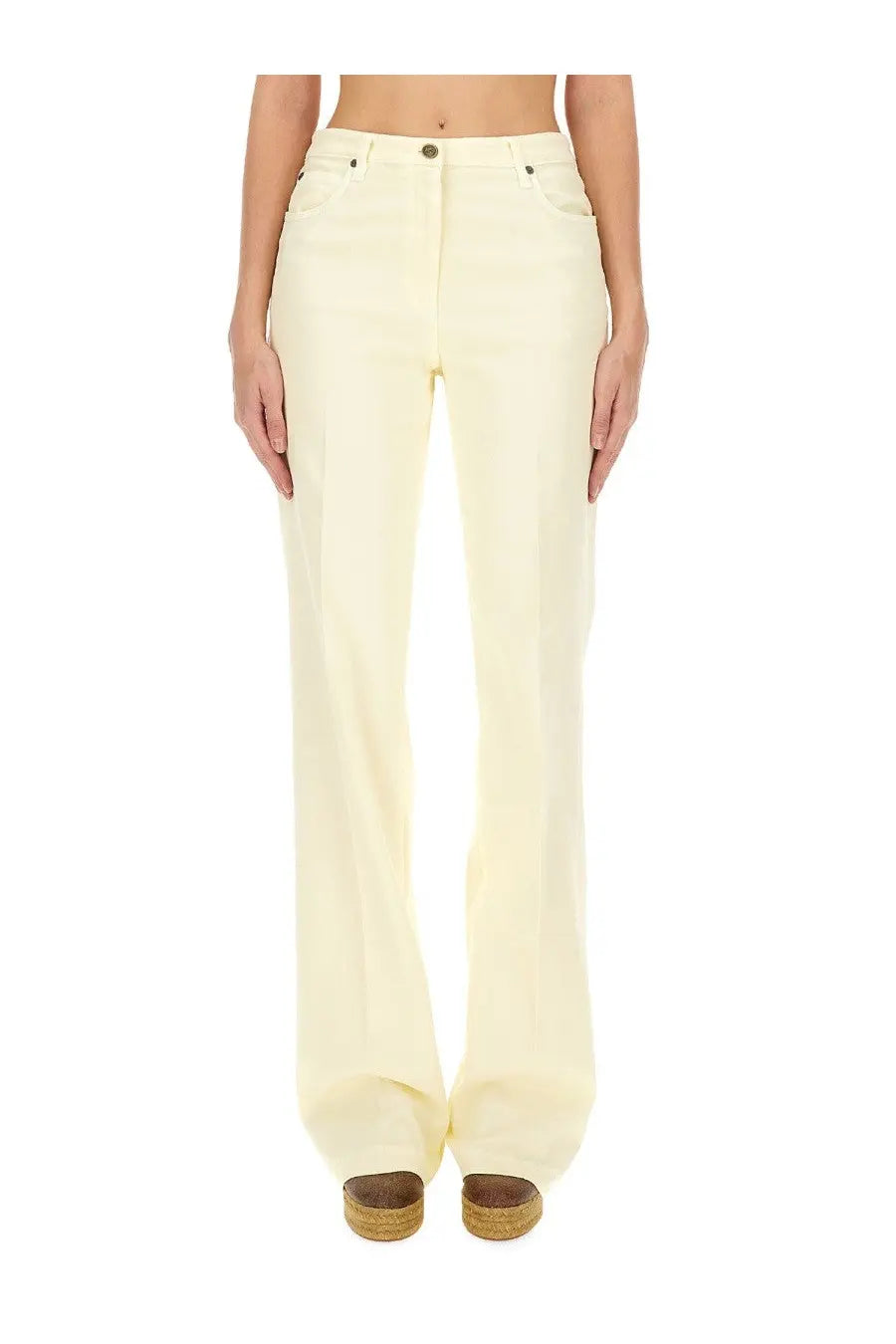 Etro women’s cream cotton high-waisted flared jeans with classic five-pocket design and button closure