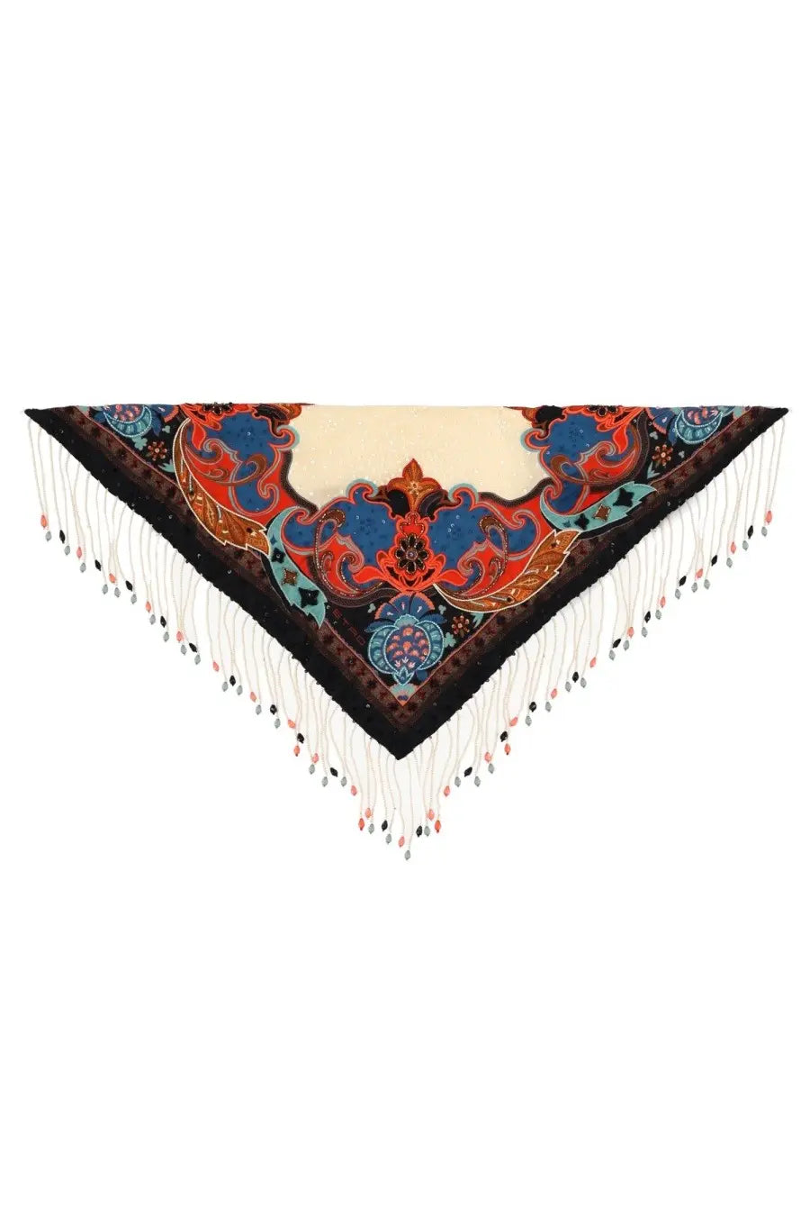 Etro women’s foulard triangular scarf in multicolor silk with vibrant red blue gold pattern and white fringe beads