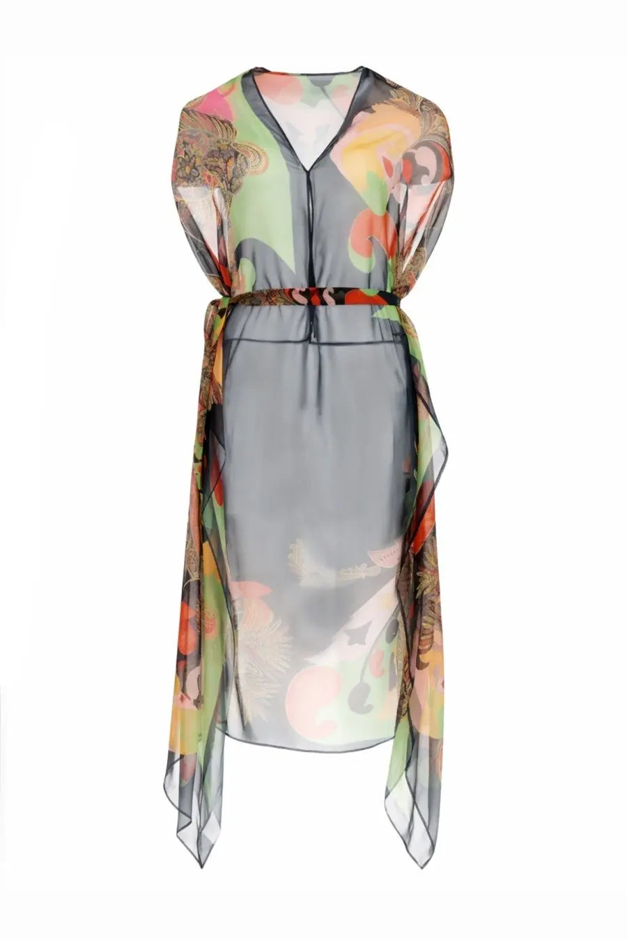 Etro women’s gilet in organza featuring a flowing semi-sheer gray fabric with vibrant abstract floral print and flutter sleeves