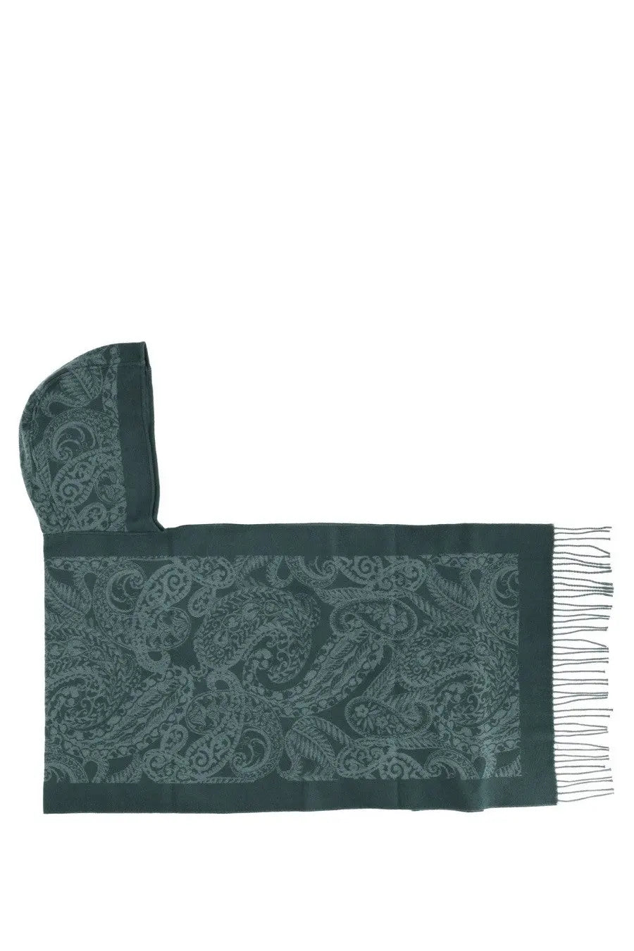 Dark green etro women’s hooded scarf with intricate paisley pattern and fringe detailing