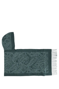 Dark green etro women’s hooded scarf with intricate paisley pattern and fringe detailing
