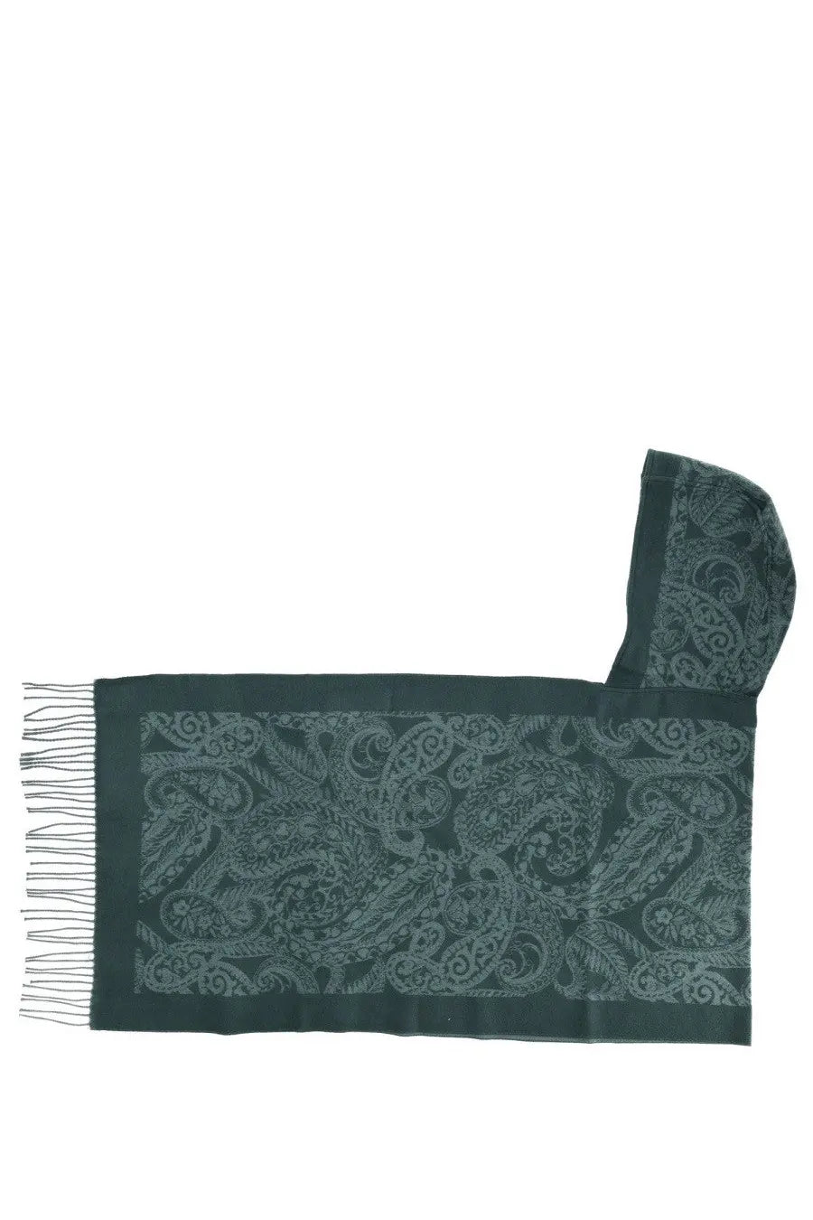 Etro women’s hooded scarf green dark green with intricate silver paisley pattern and matching fringe detail