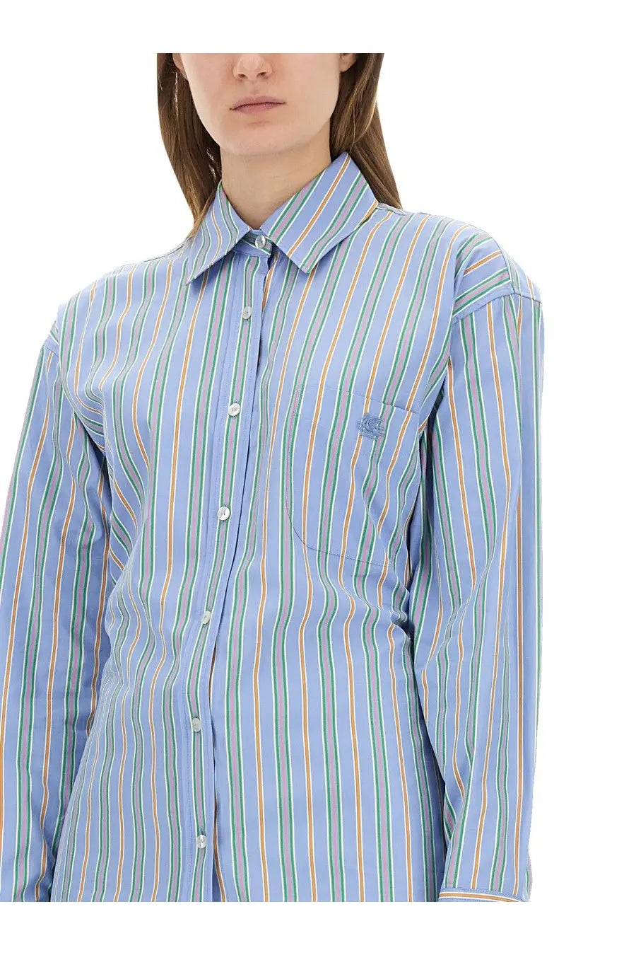 Etro women’s jacquard shirt in light blue with multicolored vertical stripes and a subtle embroidered chest pocket logo