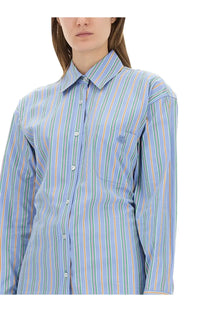 Etro women’s jacquard shirt in light blue with multicolored vertical stripes and a subtle embroidered chest pocket logo
