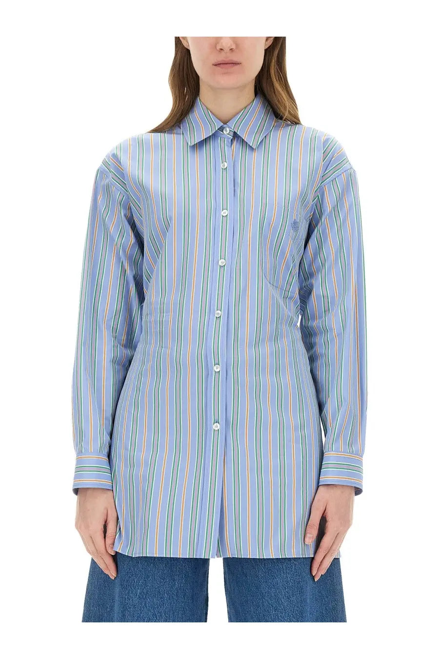Etro women’s jacquard shirt in light blue pastel stripes with long sleeves and classic collar showing the back side