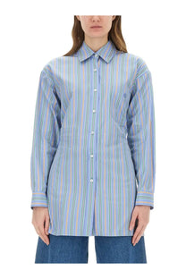 Etro women’s jacquard shirt in light blue pastel stripes with long sleeves and classic collar showing the back side